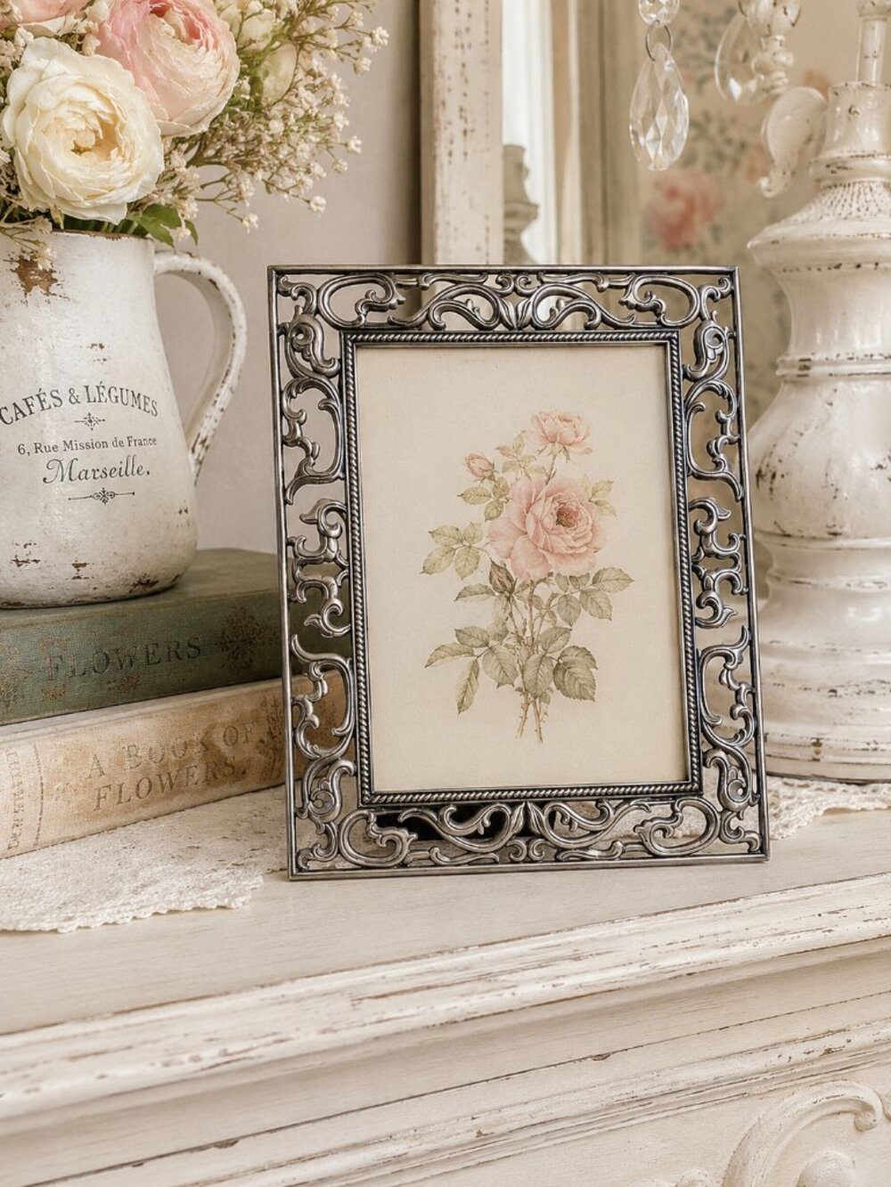 Vintage Ornate Silver Tone Metal 5x7 Picture Frame Scrollwork Tabletop Decor